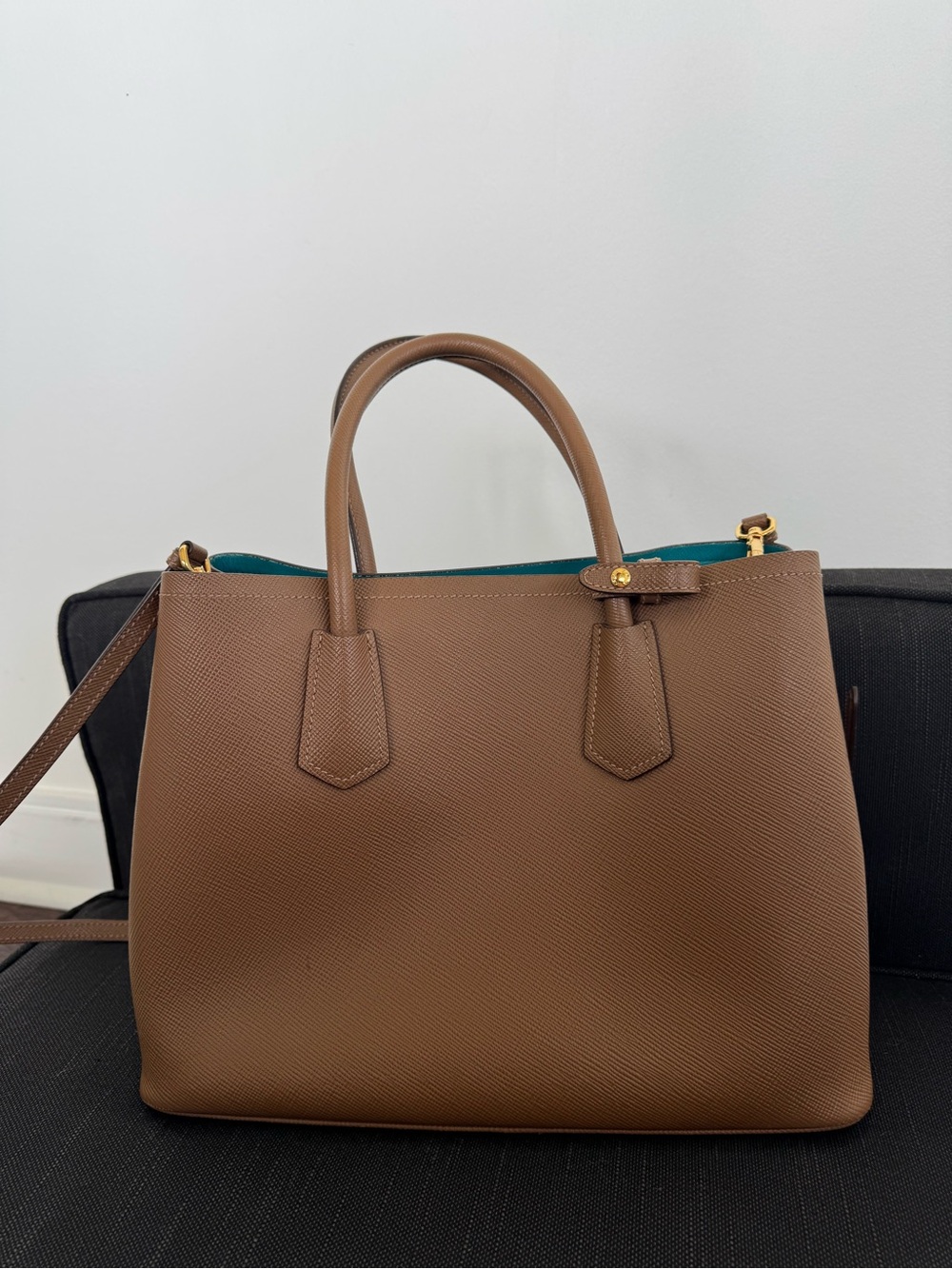 Prada Brown Double Saffiano Tote with Turquoise Interior Rare - Picture 6 of 13